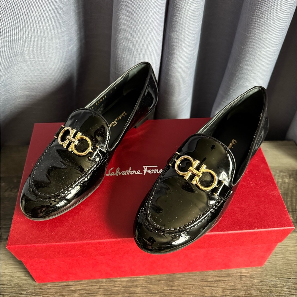 Salvatore Ferragamo Black Patent Leather Loafers with Gold Accent